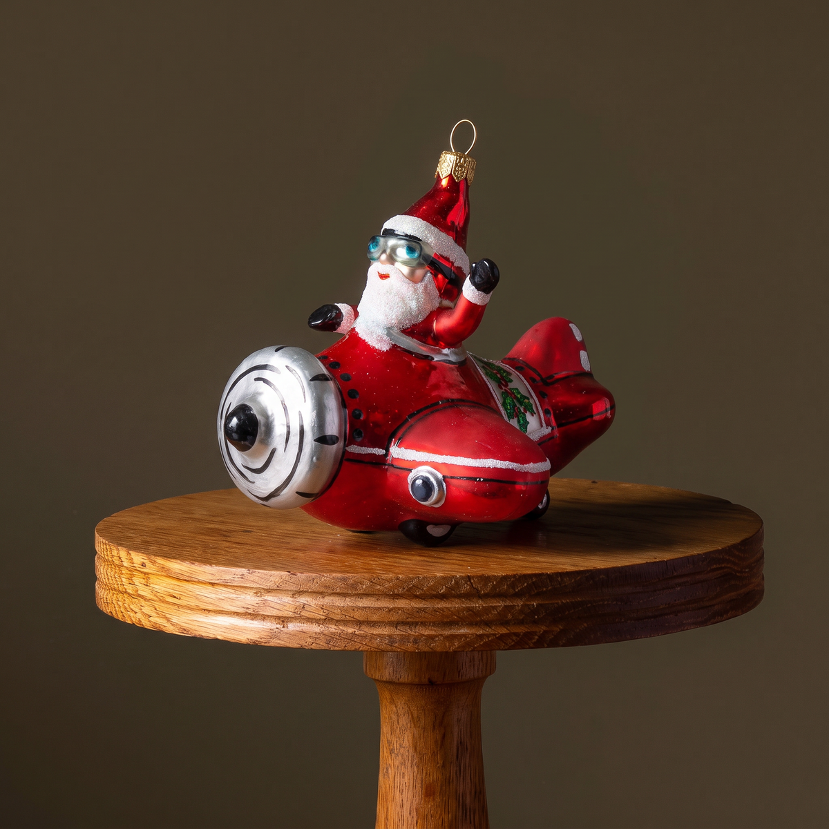 Pilot Santa in Airplane Glass Ornament