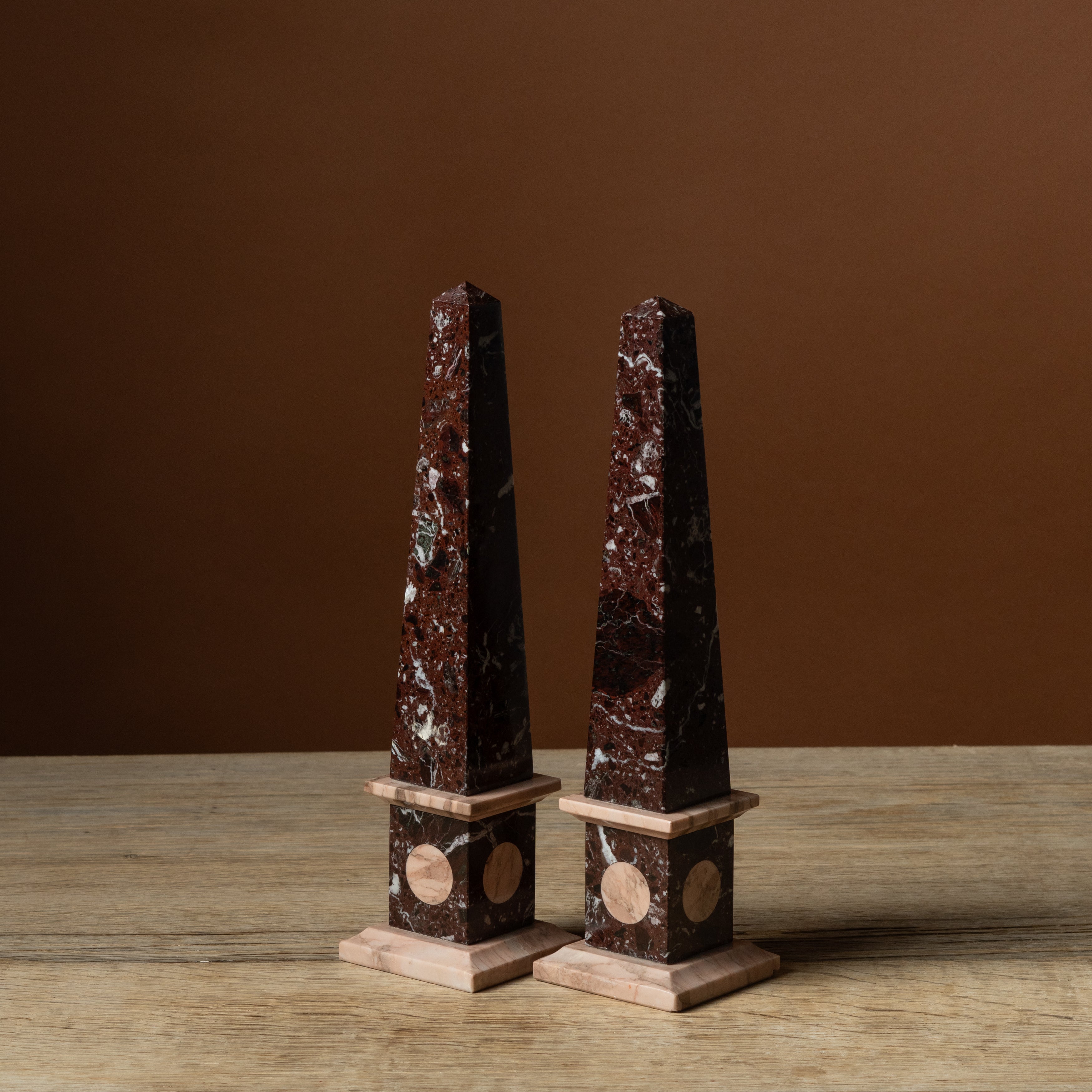 Pair of Rosso Levanto Marble Obelisks