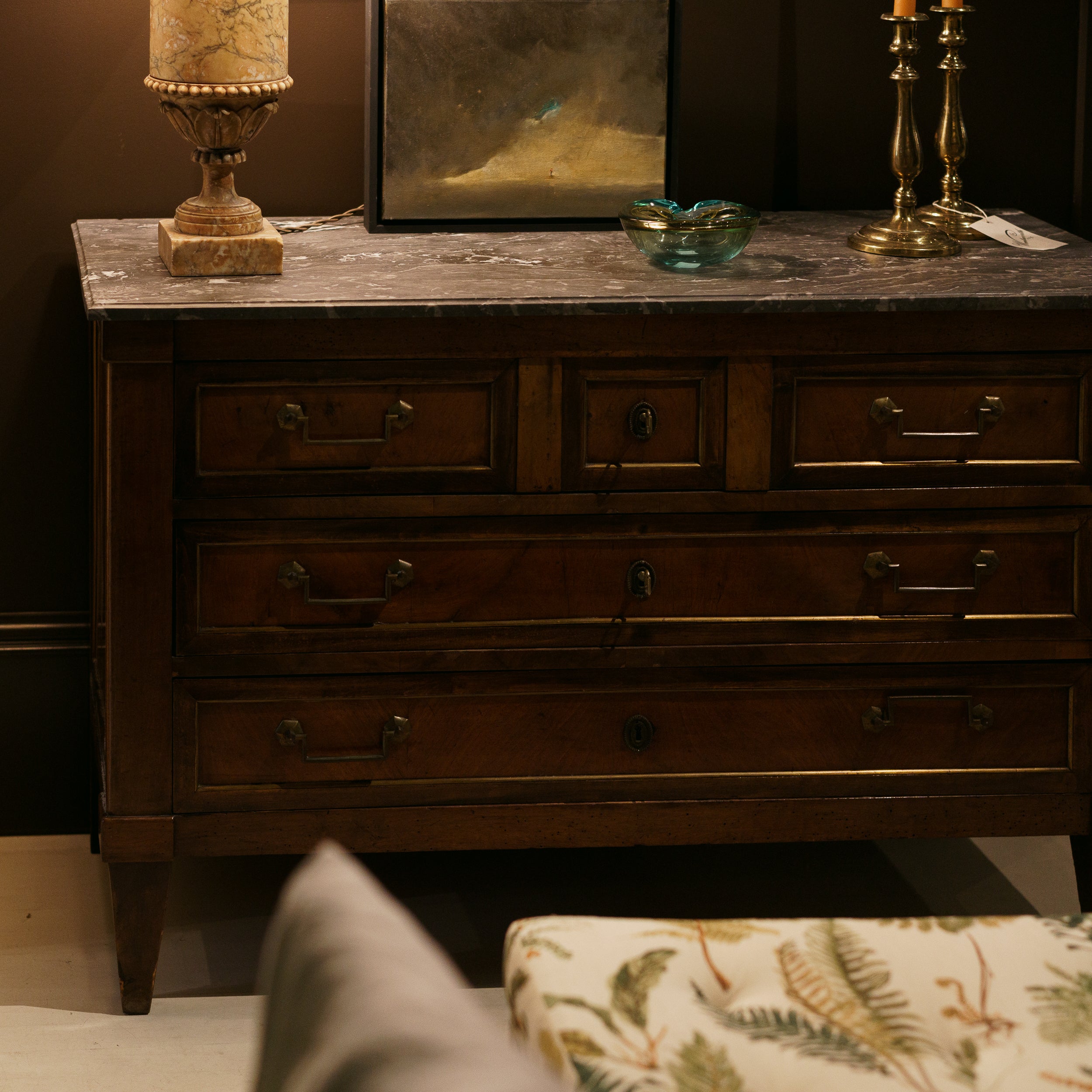 18th C. French Neoclassical Fruitwood Commode with Black Marble Top