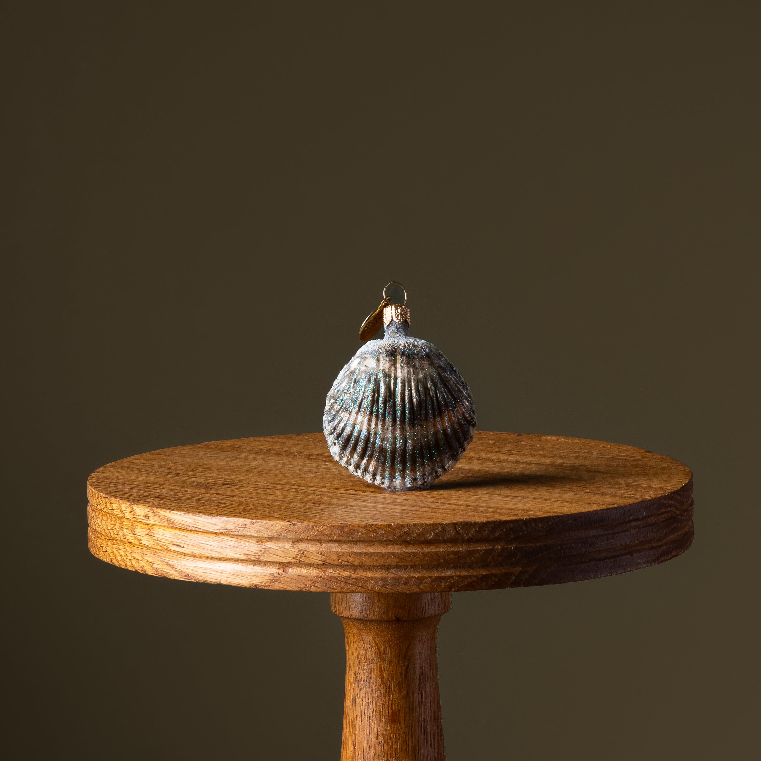 Blue & Tan Green Glitter Clam Shell Glass Ornament