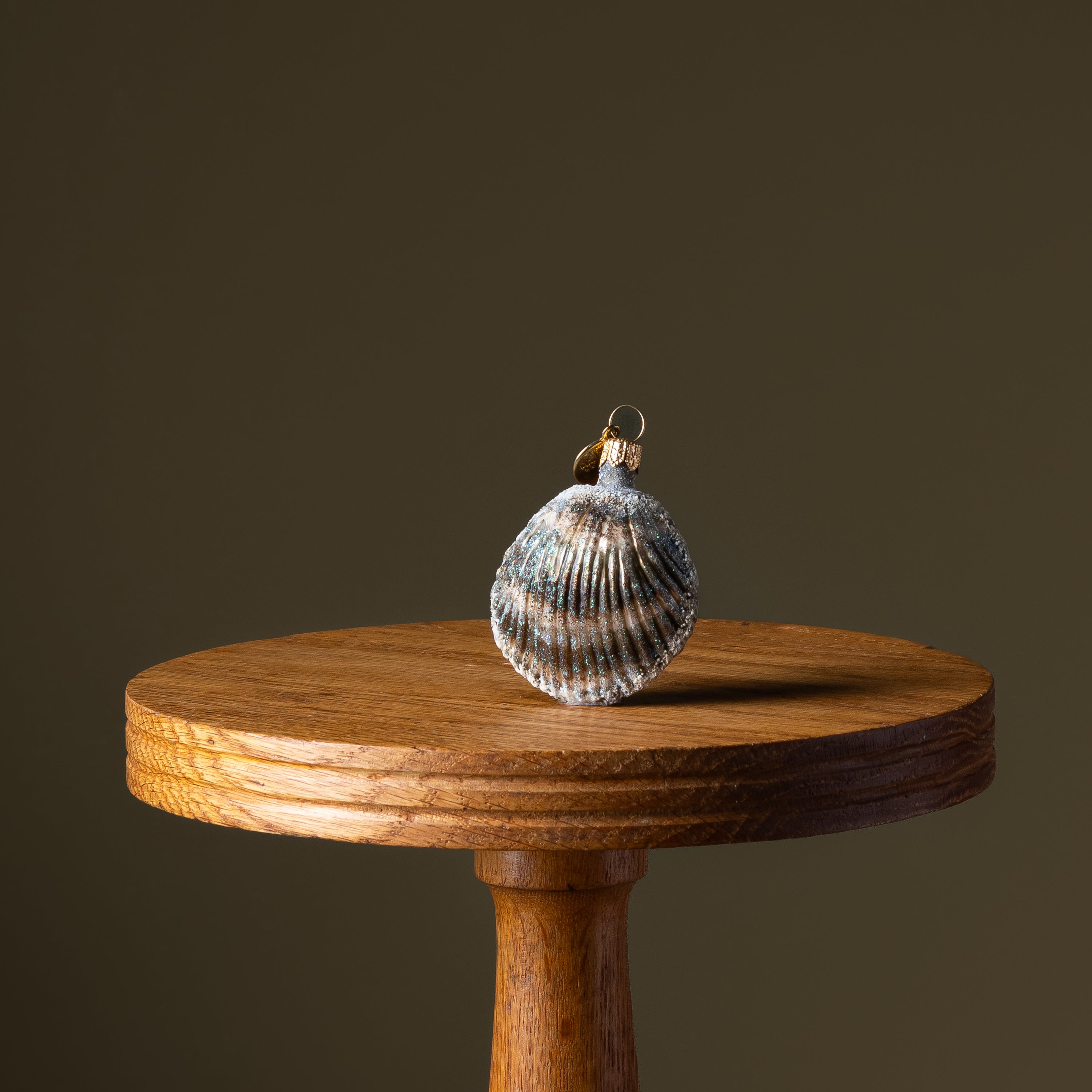 Blue & Tan Green Glitter Clam Shell Glass Ornament