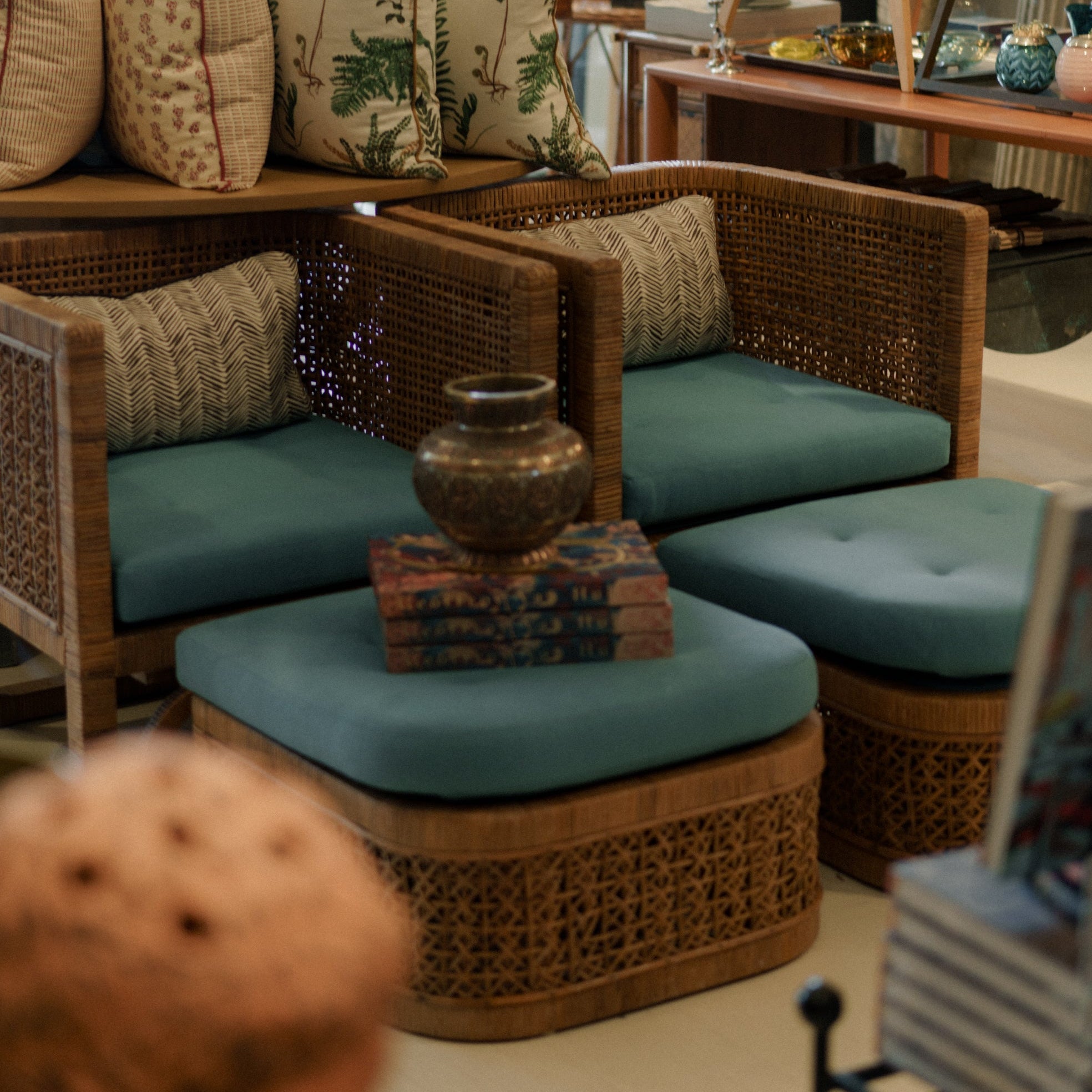 Pair of Bielecky Brothers Rattan Cube Chairs with Ottomans