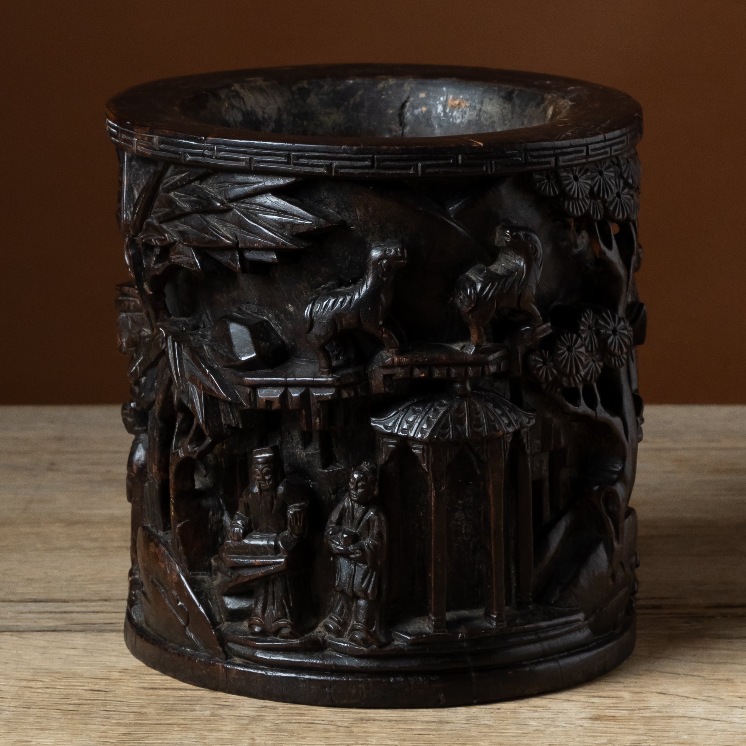Chinese Carved Hardwood Brush Pot