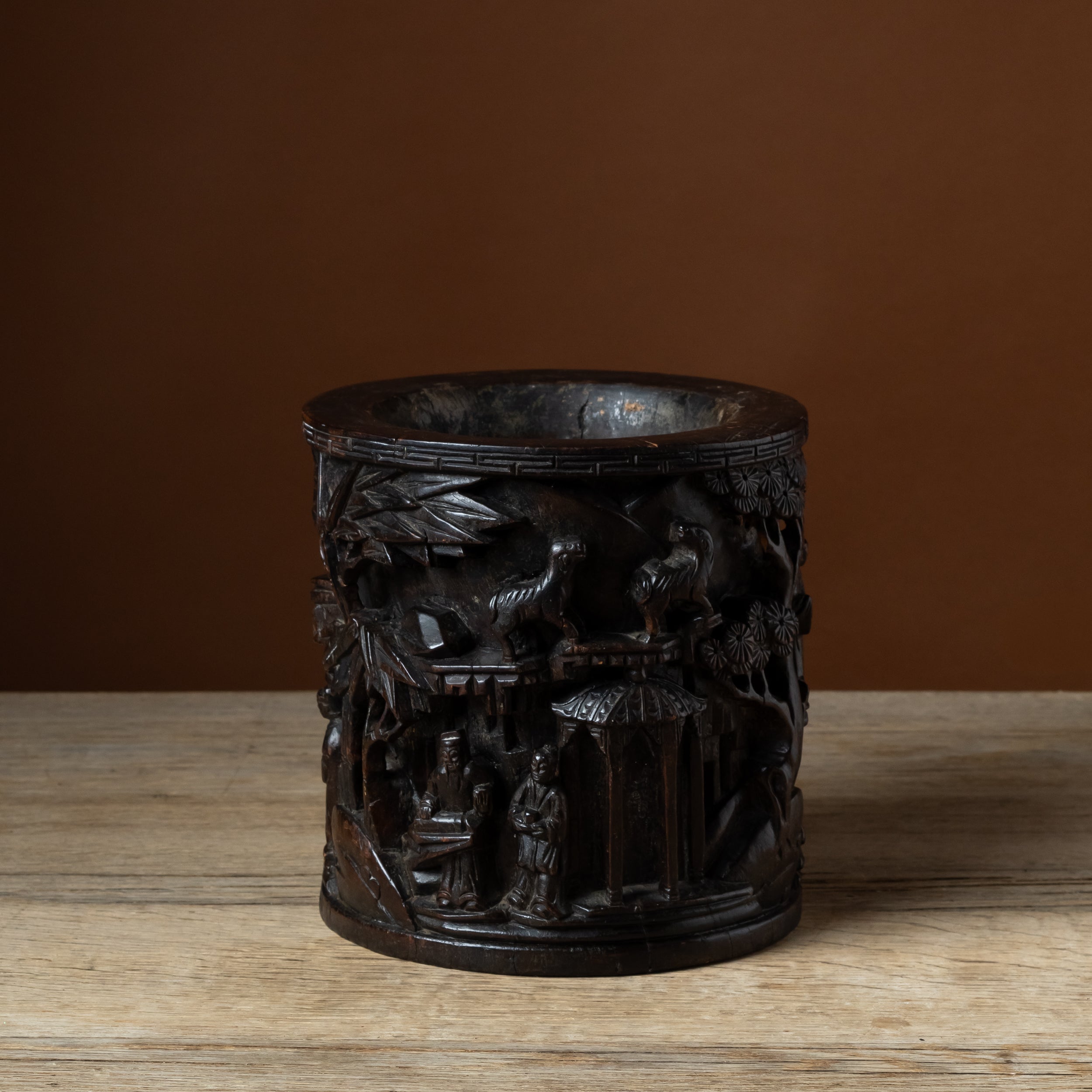 Chinese Carved Hardwood Brush Pot