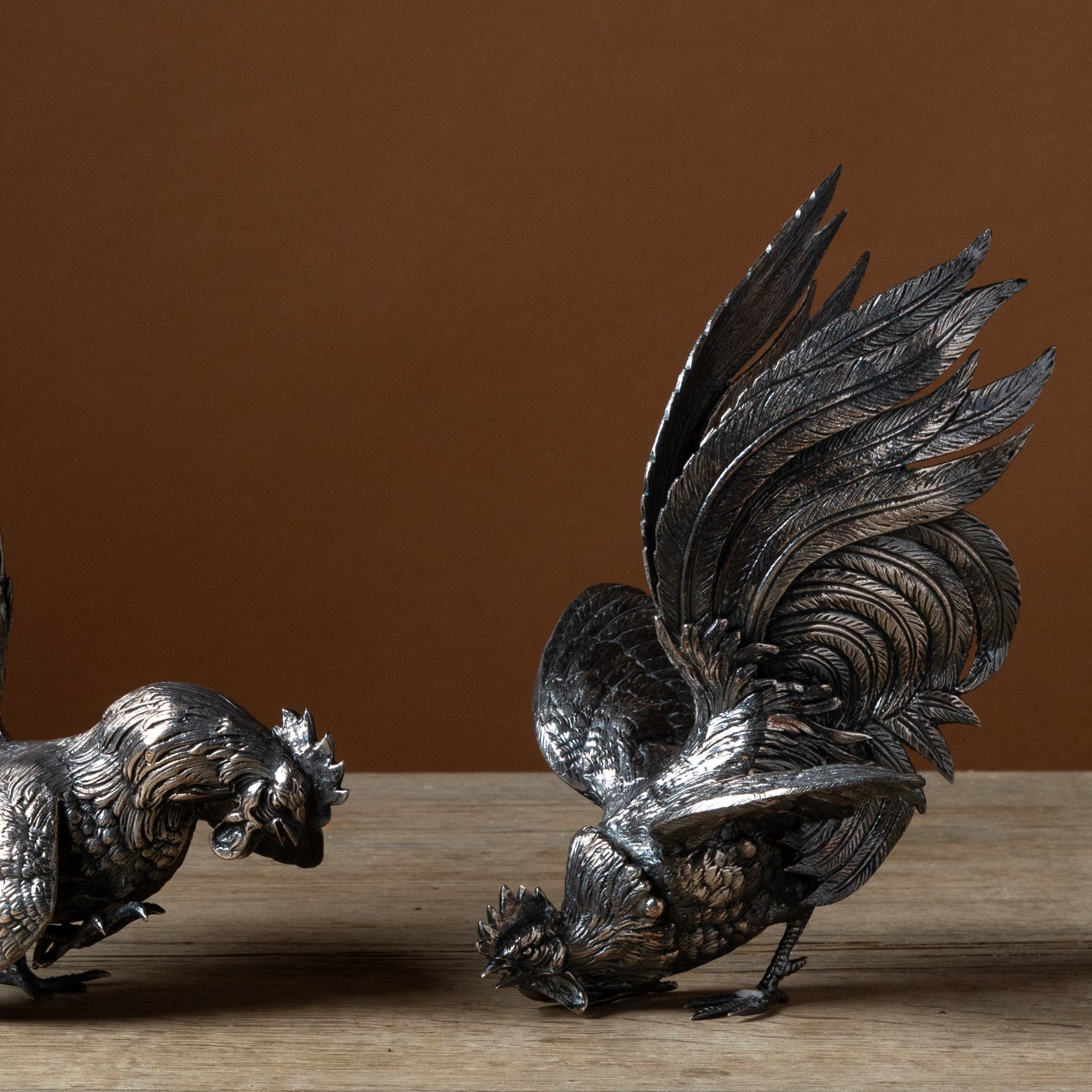 Pair of Italian Silver Plate Fighting Cockerels