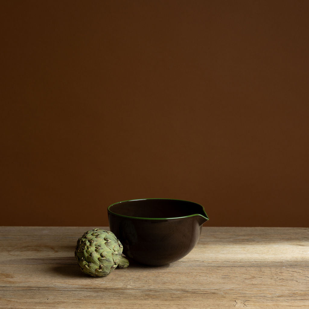 Large Brown Bowl with Green Rim