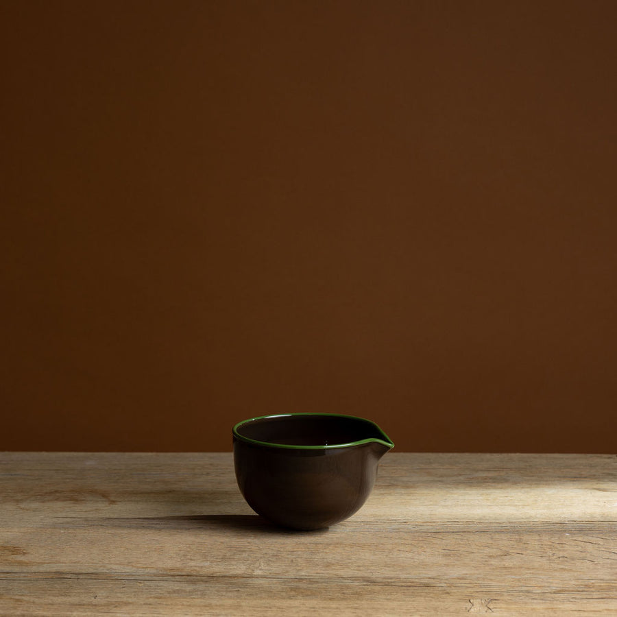 Brown Hand-Blown Glass Spout Bowl with Green Rim