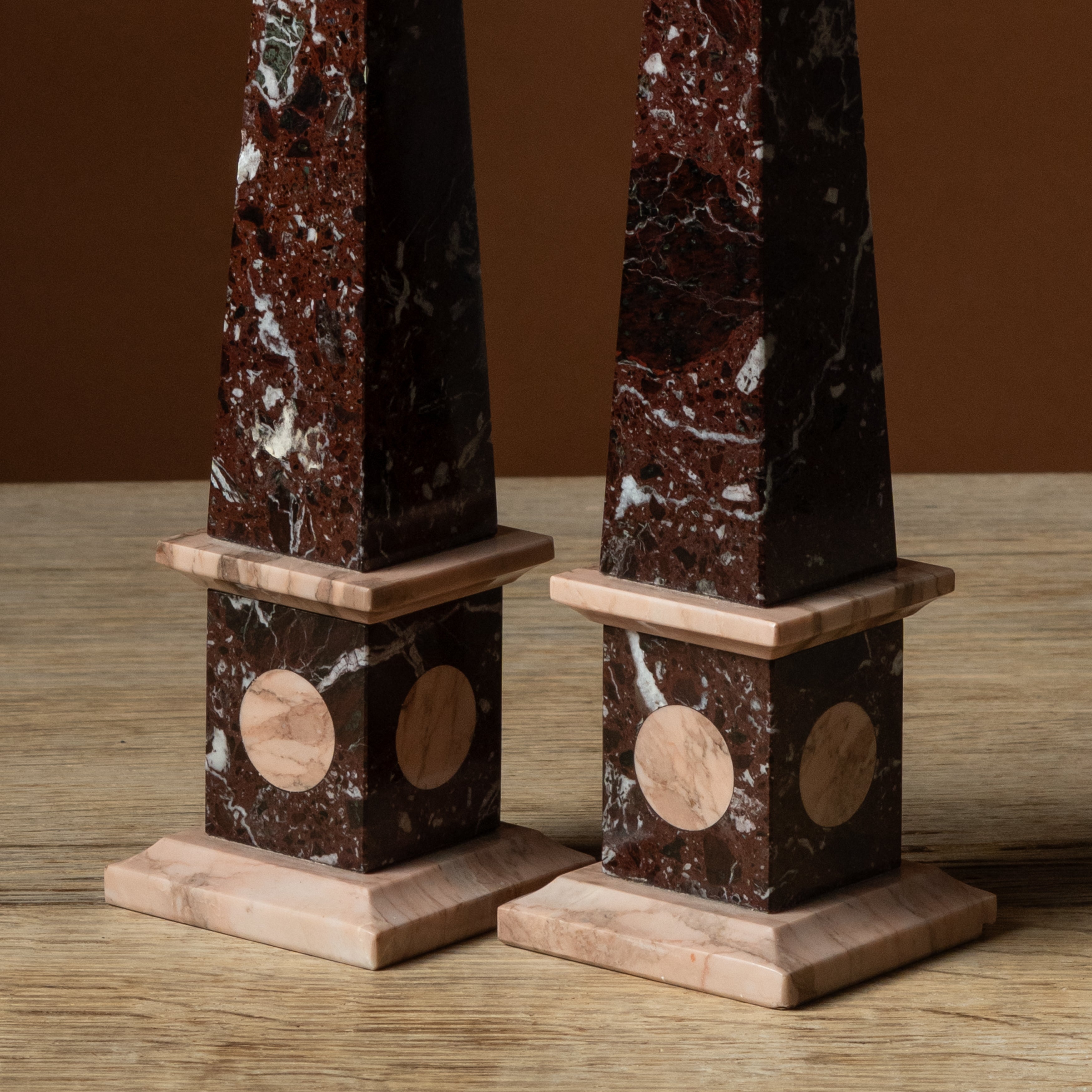 Pair of Rosso Levanto Marble Obelisks