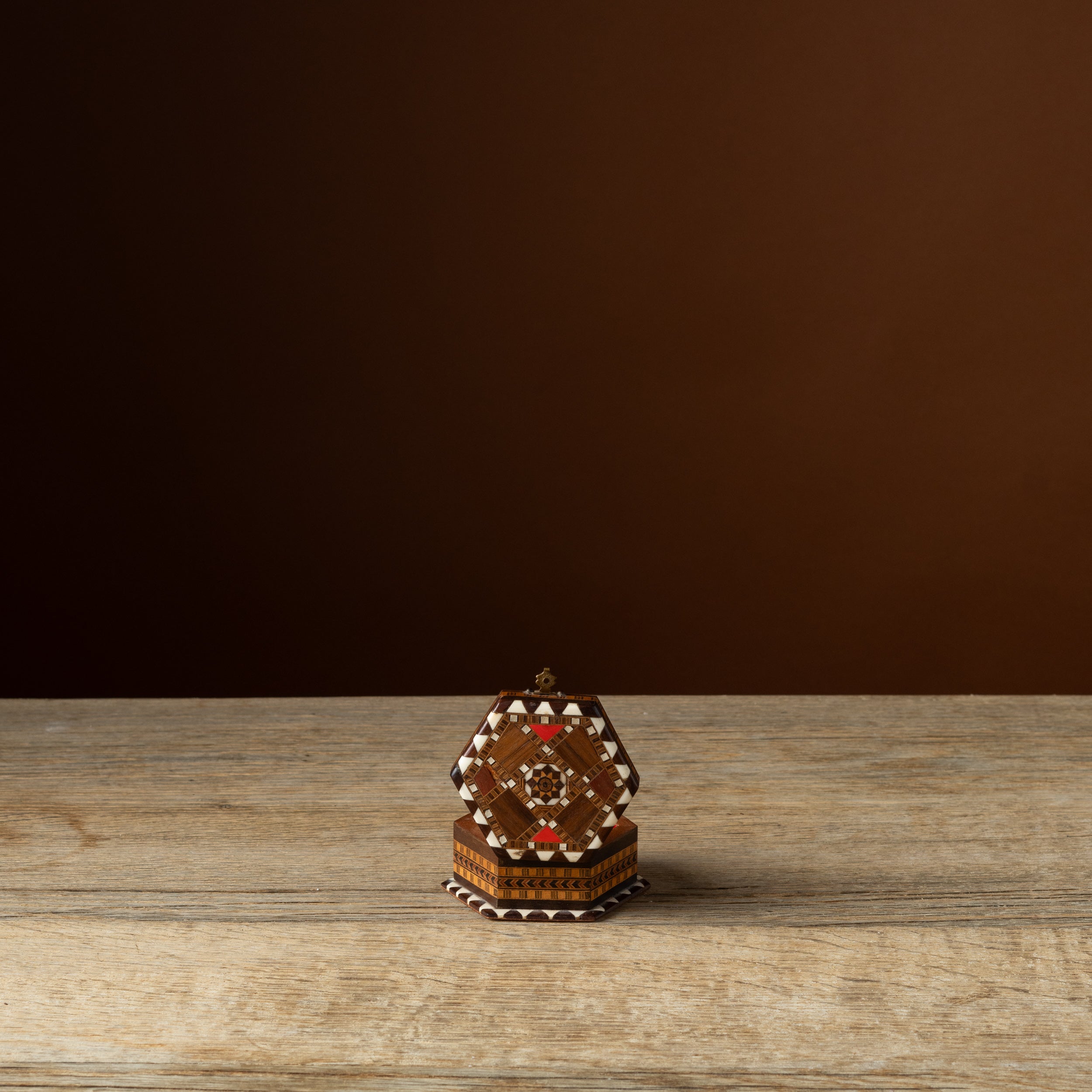 Hexagonal Syrian Inlaid Wood Trinket Box