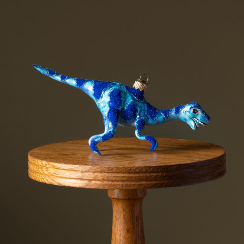 Blue Velociraptor Glass Ornament