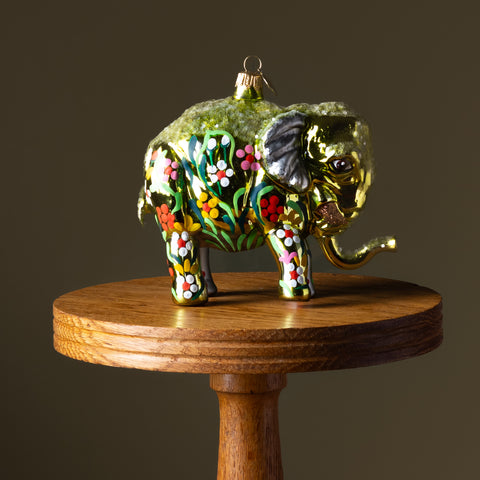 Floral Elephant Glass Ornament