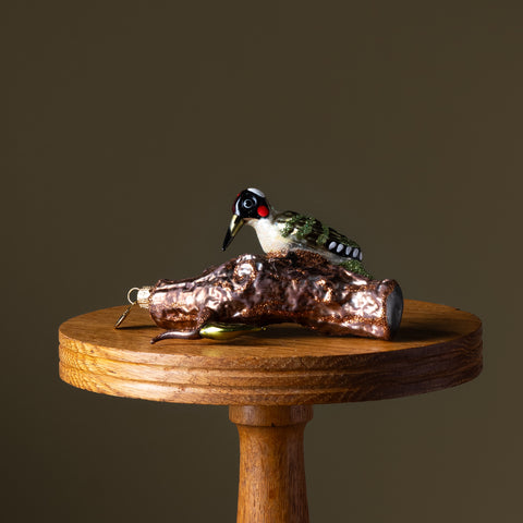 Woodpecker on a Tree Glass Ornament