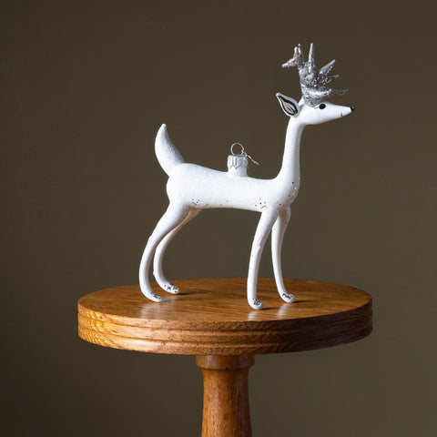 White Reindeer Glass Ornament
