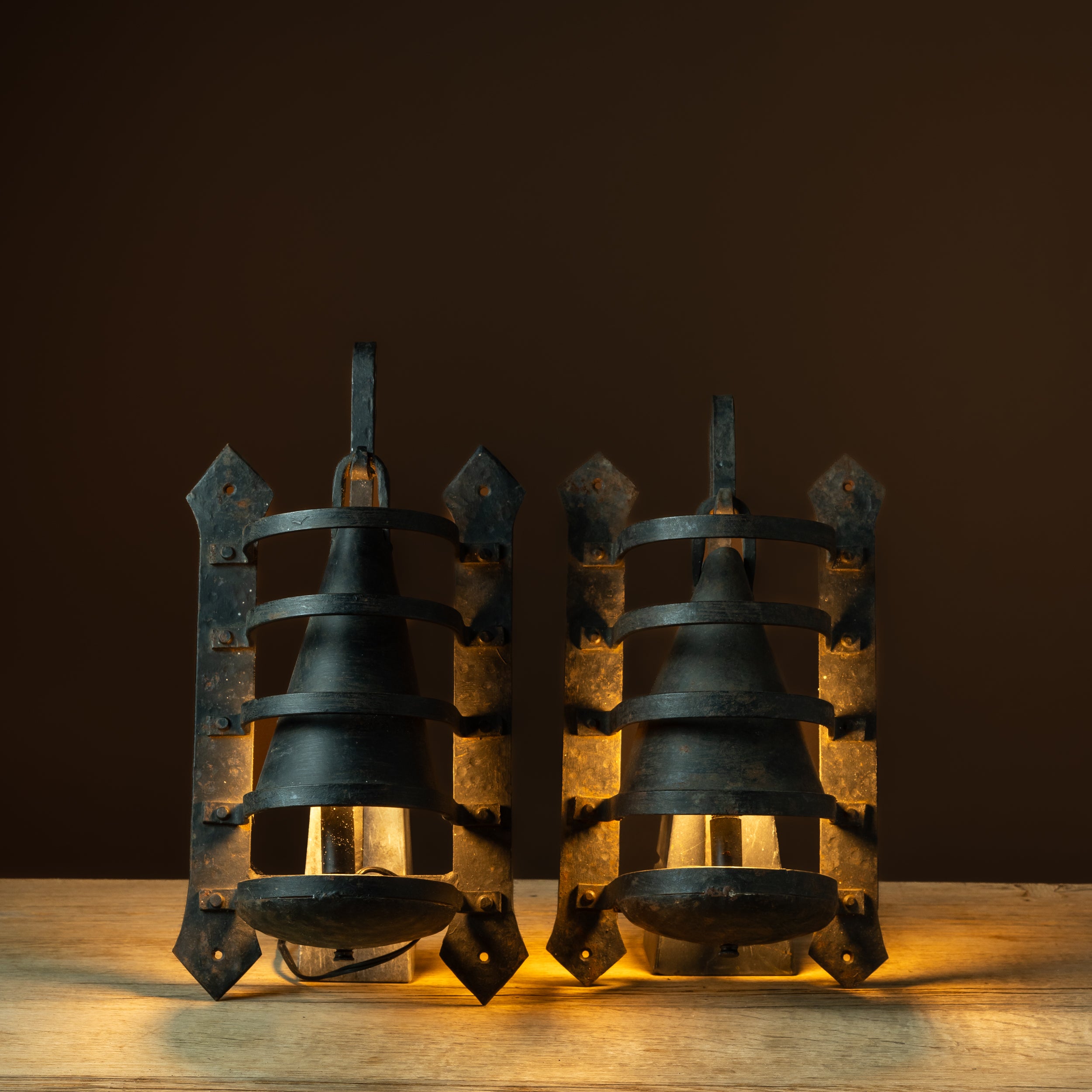 Pair of Conical Wrought Iron Arts & Crafts Sconces