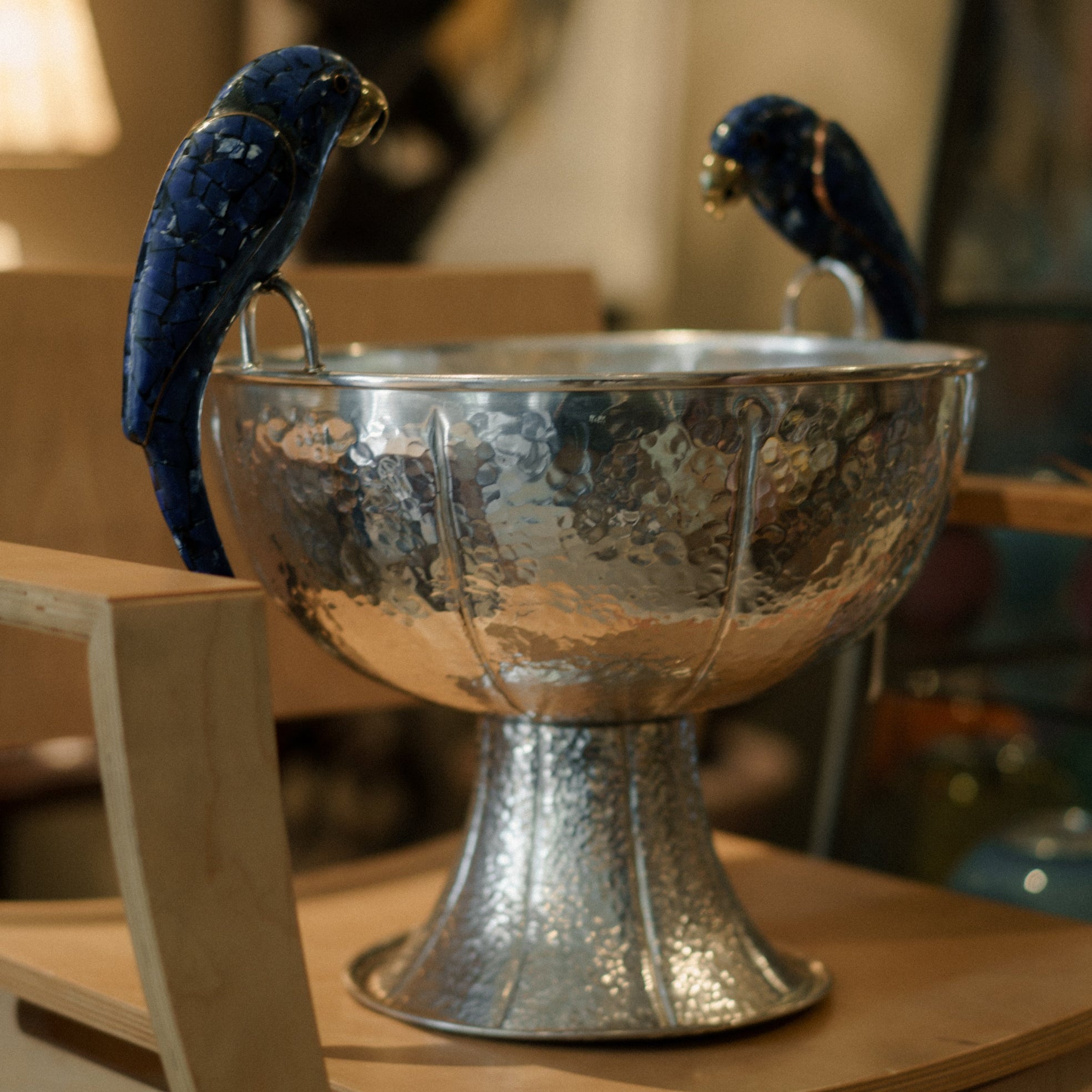 Hammered Silver-Plate Centerpiece Bowl with Lapis Parrot Mounts