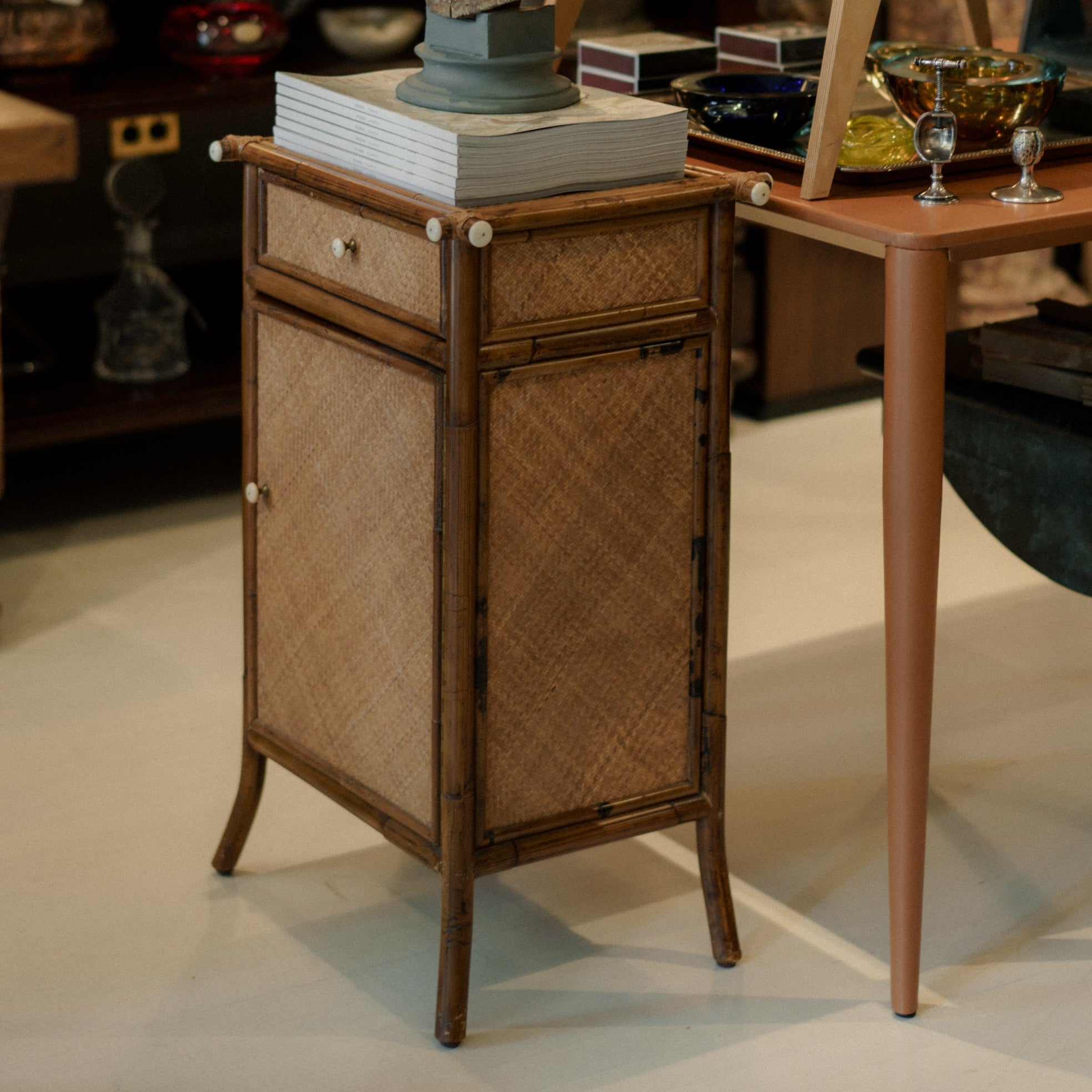 Pair of E. Murio Manila Burnt Bamboo & Grasscloth Side Tables