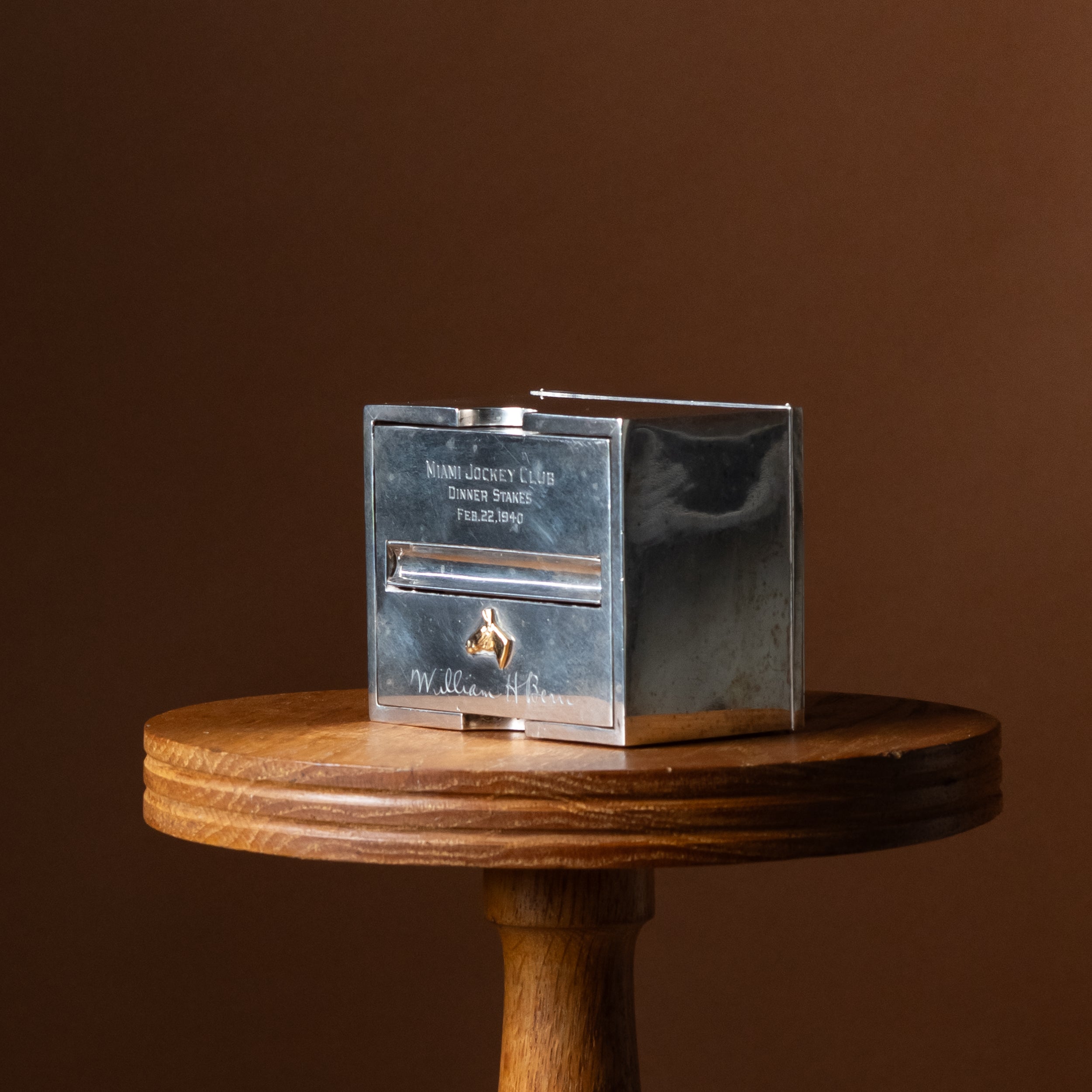 Sterling Silver “Miami Jockey Club” Cigarette Dispenser, 1940