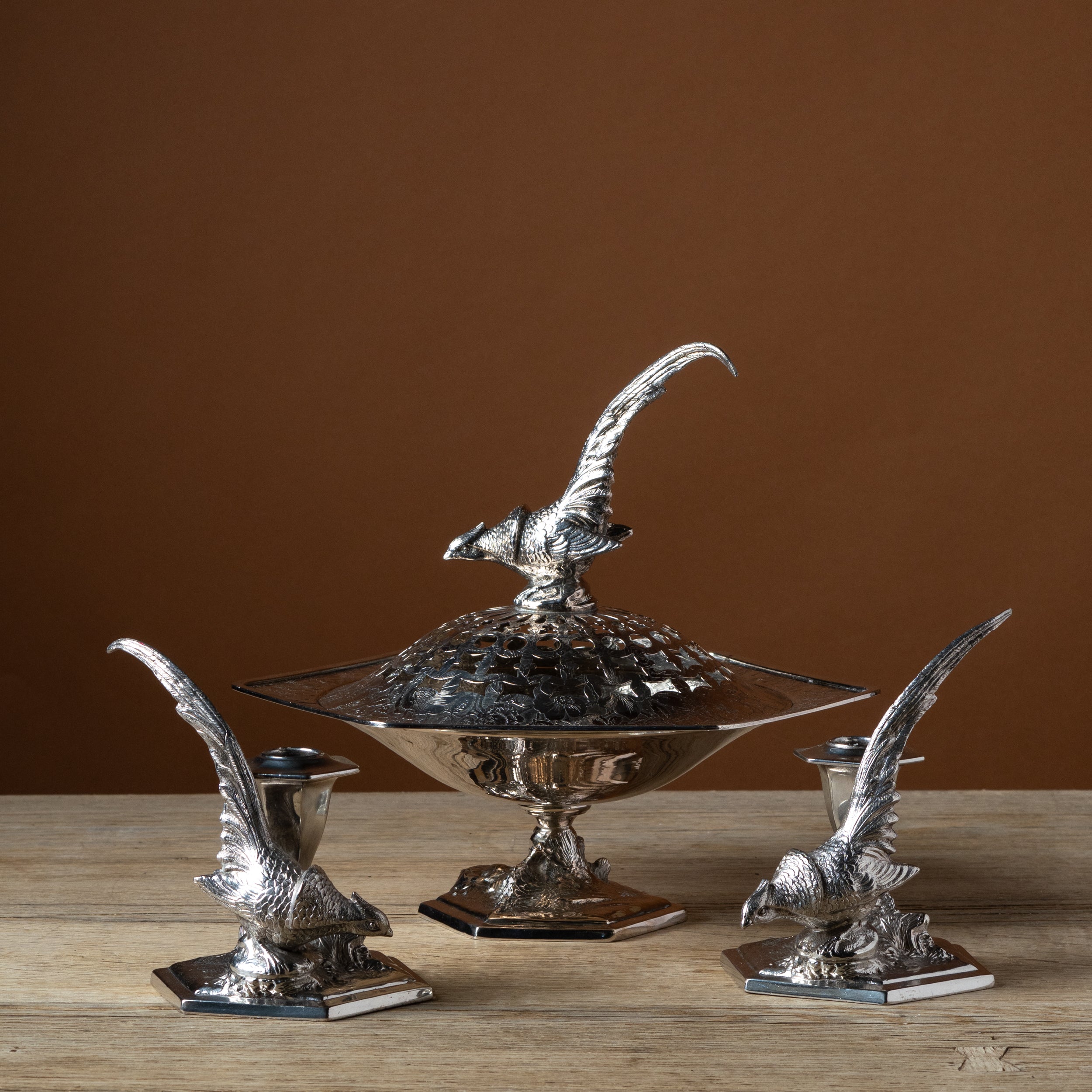 Edwardian Silver Plate Pheasant Centerpiece & Candlesticks