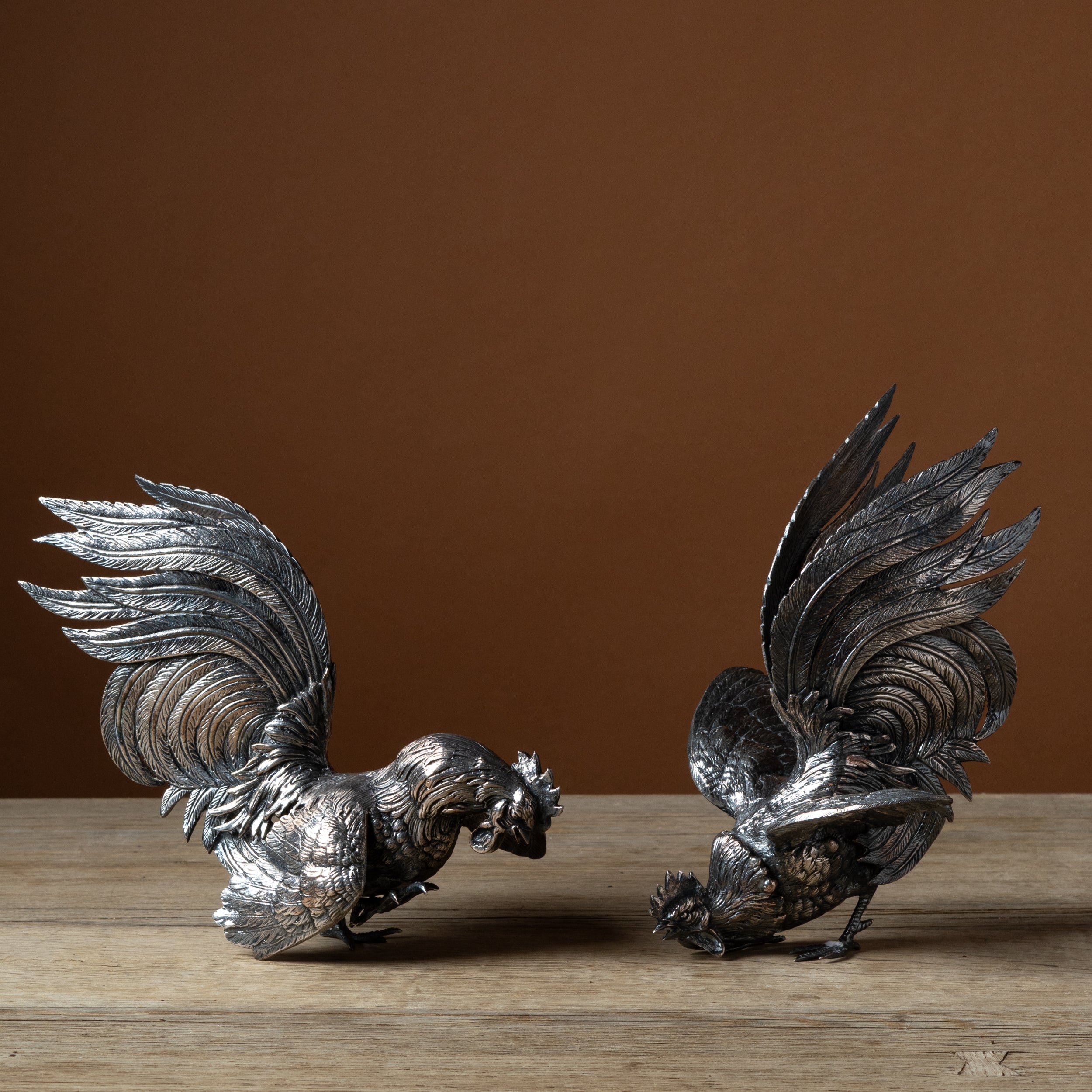 Pair of Italian Silver Plate Fighting Cockerels